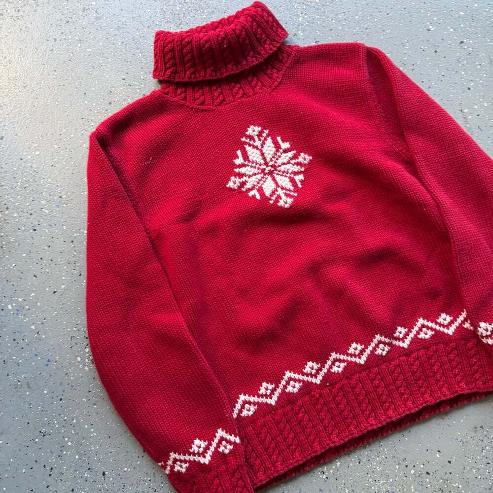 Lauren Ralph Lauren Hand Knit Cotton Berry Red Snowflake Turtleneck Sweater - Picture 2 of 7